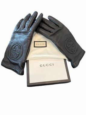 Gucci Black Leather Embossed GG Gloves